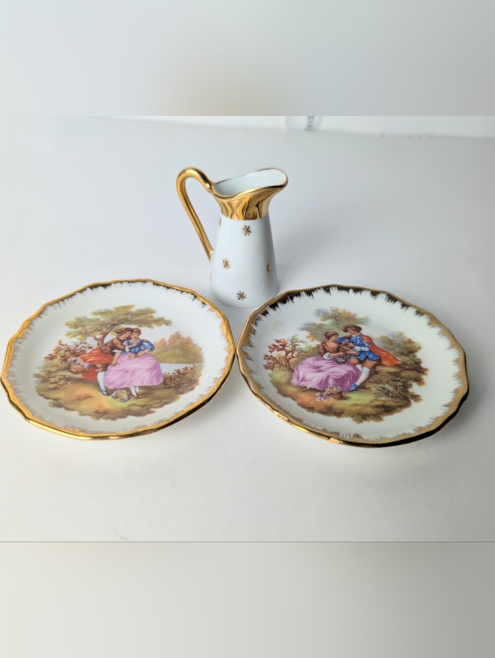 Vintage Limoges Porcelain Mini Plates Set of. 2 and Creamer Can with Gold Trim